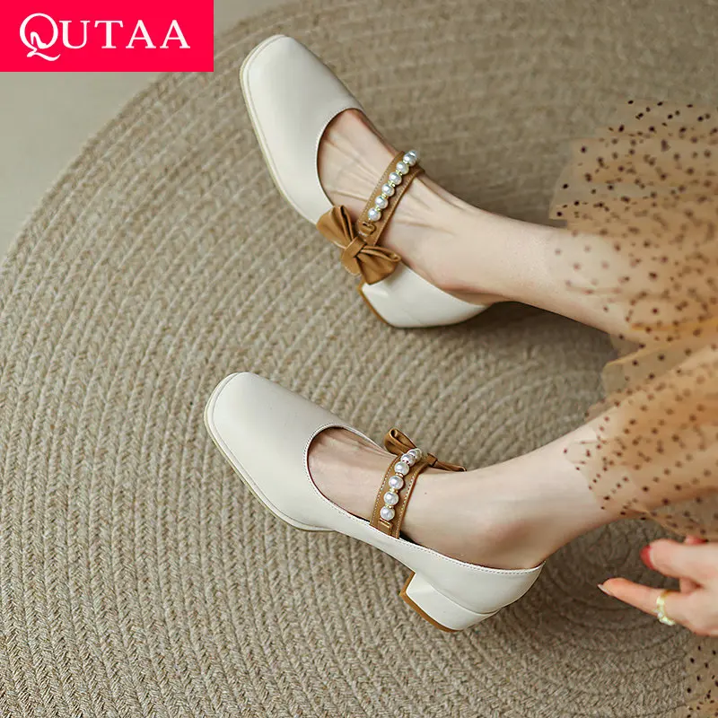 

QUTAA 2022 PU Leather Platform Casual Female Pumps Spring Round Toe Square Med Heel Mary Janes All Match Women Shoes Size 34-43