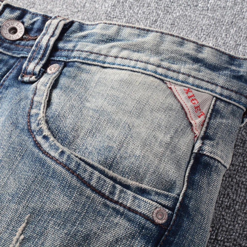 Fashion Vintage Men Jeans Retro Gray Blue Elastic Slim Fit Ripped Jeans Men Stretch Trousers Patched Designer Denim Pants Hombre