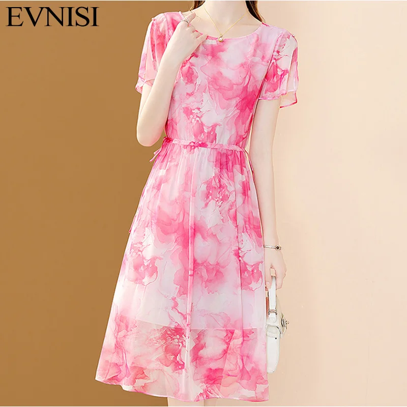 

EVNISI Women Pink Chiffon Dress O-Neck Elegant Floral Printing Office A-line Dresses Lace Up Slim For Women Party Vestido 2023
