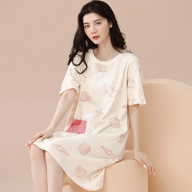 Nightdress Women's Summer Thin Cartoon Girl with Round Neck Cotton Short-sleeved Sleepwear Ladies Home Service One-piece Skirt
