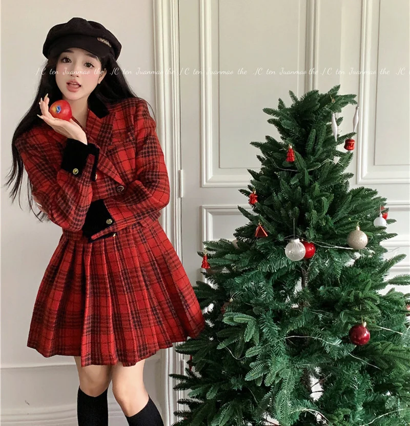 

College Vintage Red Checked Lapel Christmas Pleated Suit Dress Women's Autumn/Winter Korea Long Sleeve Small Fragrant Dress