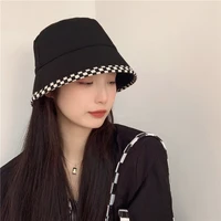 2022 new colorblock checkerboard bucket hat japanese all match fashion women bucket hat trendy breathable flat top black sun cap