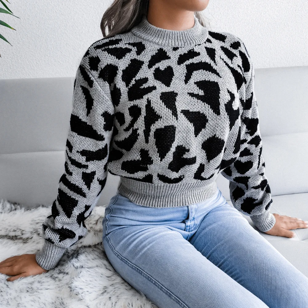 

Women's Leopard Pattern Round Neck Tighten Cuffs Hem Sweater Female Autumn Winter Pullover Long Sleeve Knitted Tops