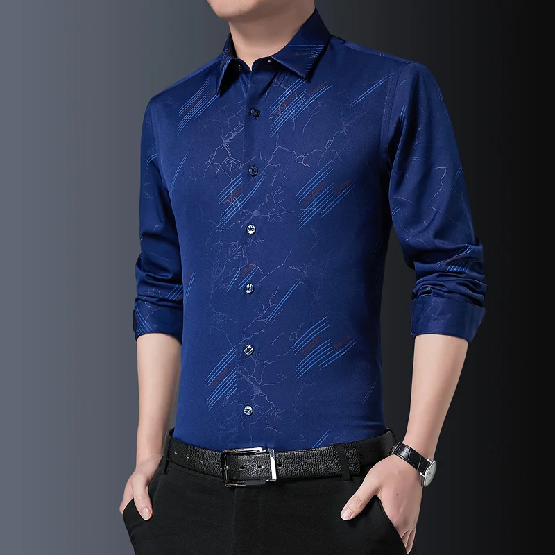 

Рубашка мужская классическая с длинным рукавом, модная с принтом, облегающая Повседневная деловая, с отложным воротником