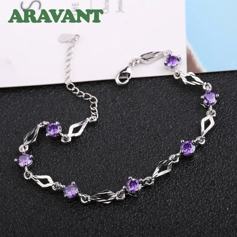 

925 Silver Geometric Amethyst Zircon Bracelet Chains For Women Wedding Jewelry