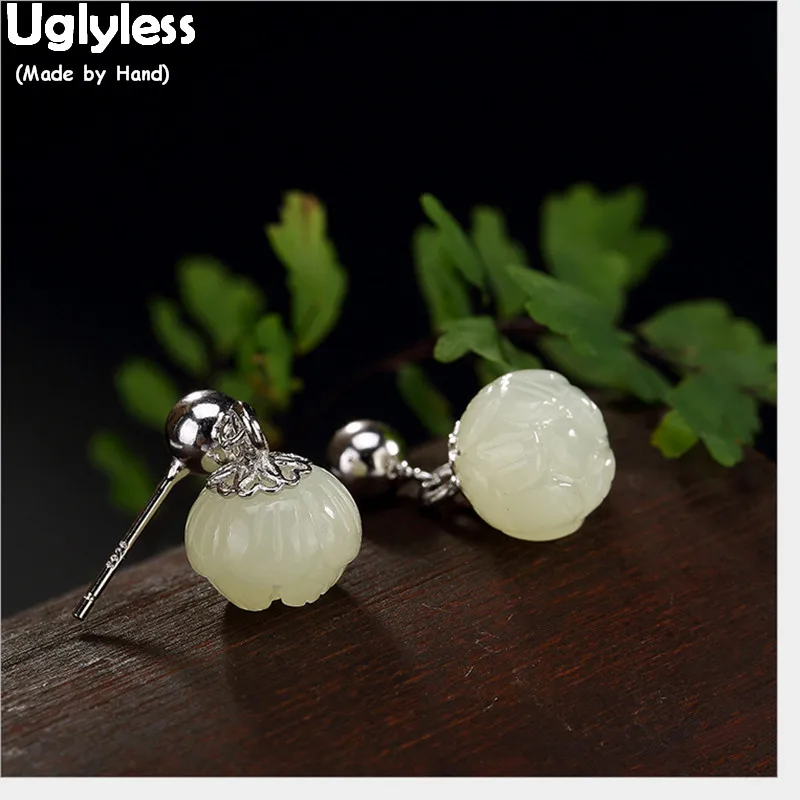 

Uglyless China Chic Lotus Earrings for Women 100% Real 925 Silver Balls Studs Ethnic Jewelry Natural White Jade Flower Earrings