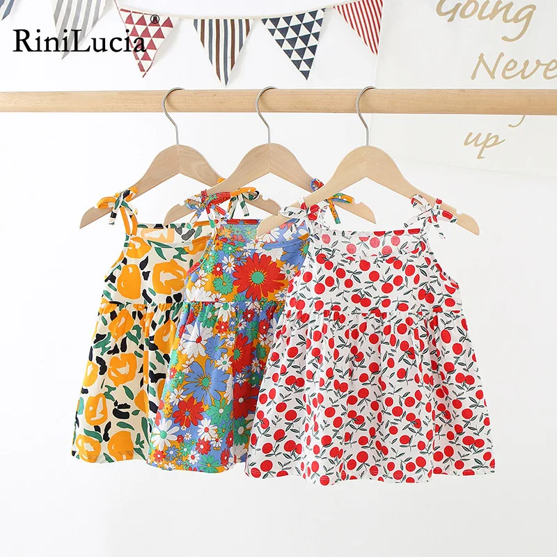 

RiniLucia New Summer Girls Dress Strap Floral Printed Sleeveless Party Princess Dress Cute Children Baby Kids Girls Clothing