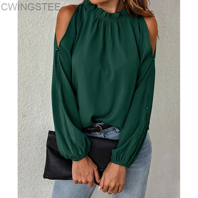 

Women's Clothing Ruffled Neck Off Shoulder Tops Autumn Winter New Office Lady Long Sleeve Stylish Commute Solid Color T-shirt