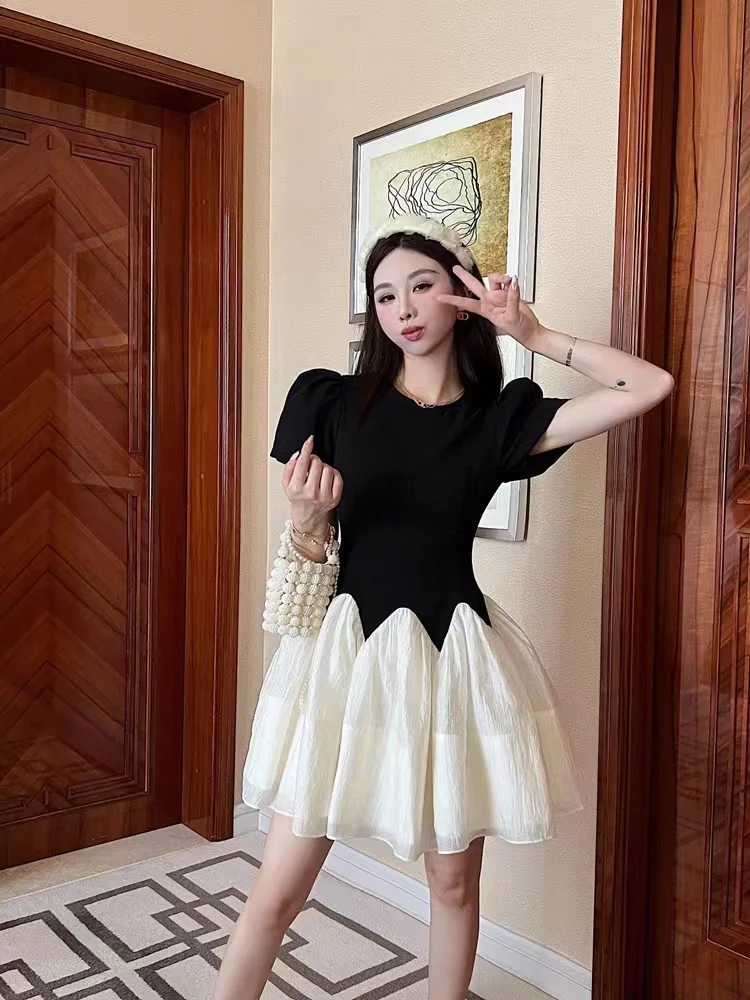 

2023 Spring/Summer Fashion New Women's Clothing round Neck Puff Sleeve Tulle Tutu Dress 0704