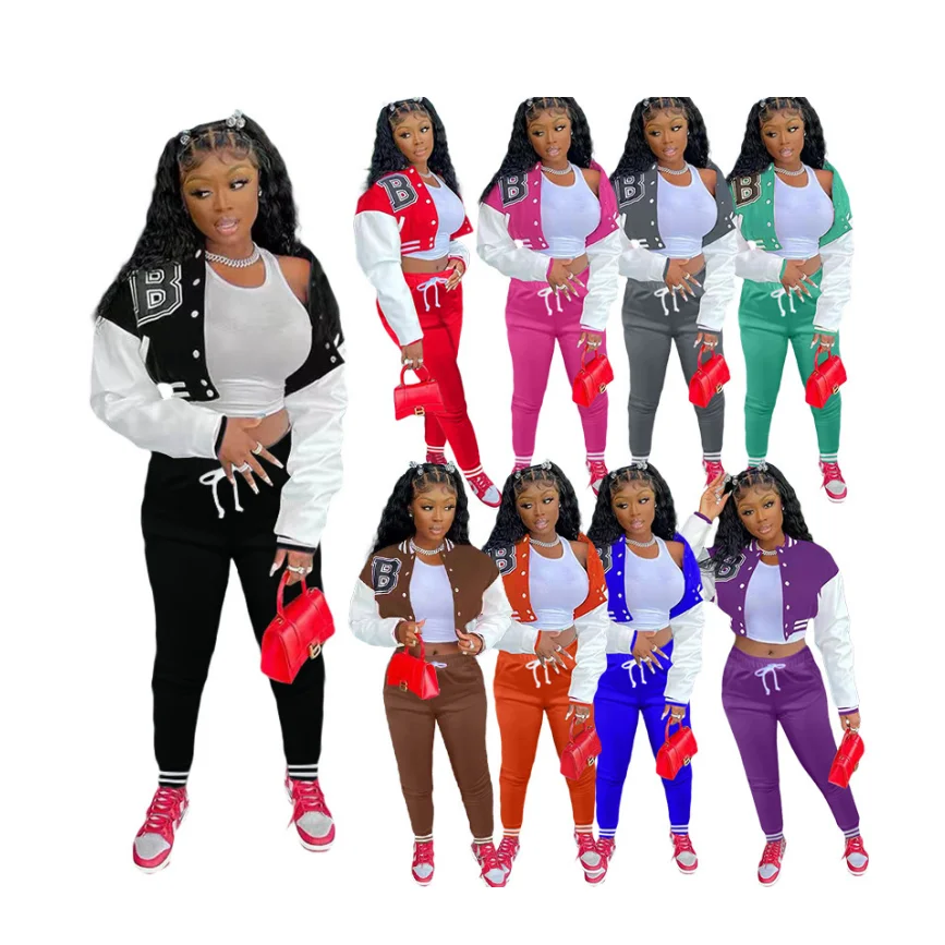 

Бейсбольная форма, женский спортивный костюм, комплект из 2 предметов, куртка с буквенным принтом, спортивные брюки, Байкерская Одежда для а...