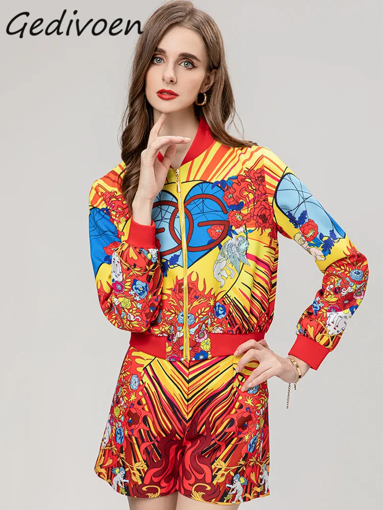 

Комплект из двух предметов Gedivoen, модный дизайнерский комплект с винтажным принтом и шортами, Женская приталенная куртка с длинным рукавом и прямые шорты