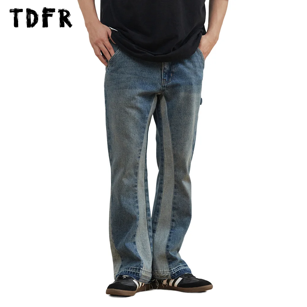 

Patchwork Jeans Mens Washed Distressed Raw Edge Retro Casual Flared Denim Pants Men Trousers