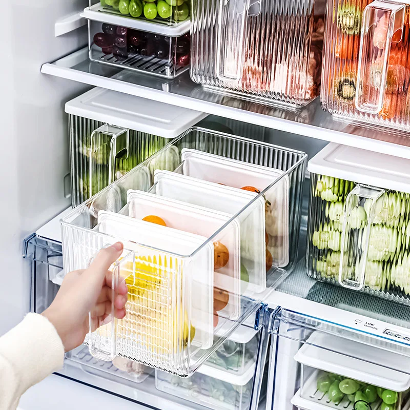 

Kitchen Refrigerator Special Storage Box with Handle Crisper Box Food Grade Finishing Artifact Transparent Plastic Storage Box