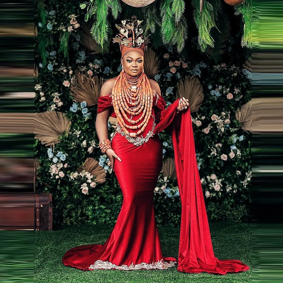 

Red Prom Dresses With Side Train Off The Shoulder Mermaid Party Dress Appliques Beads African Women Evening Gowns Long