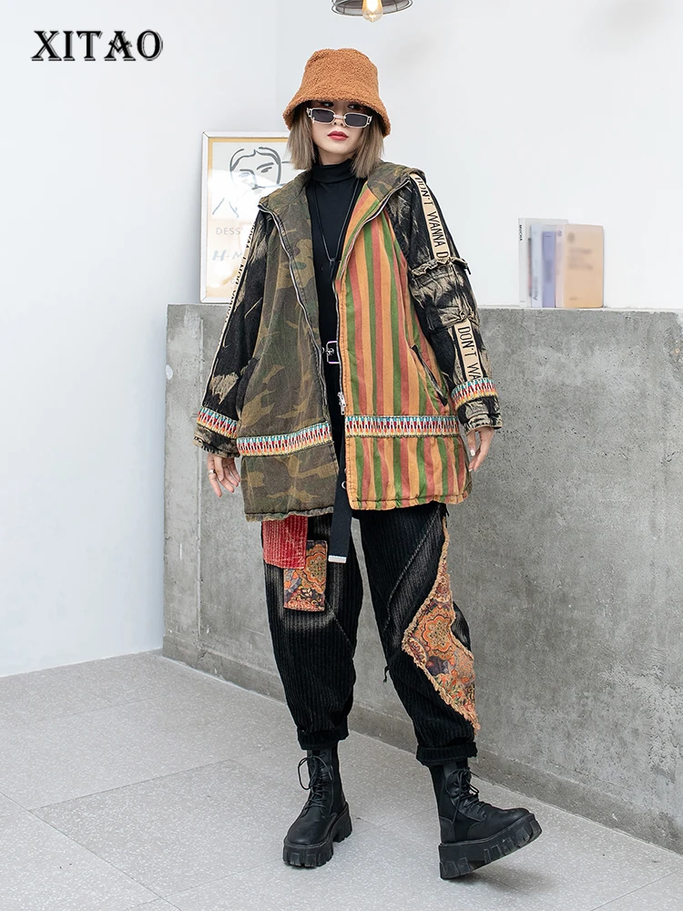 

XITAO, лоскутные парки с карманами и буквенным принтом, с капюшоном, на молнии, свободные, новинка зимы 2022, повседневная, модная, универсальная, ...