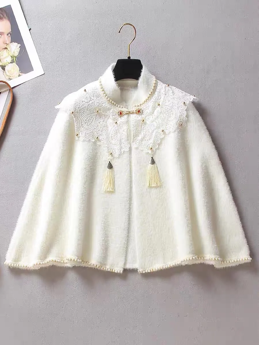 Модная нежная накидка из искусственной норки кружевная с бусинами украшение для