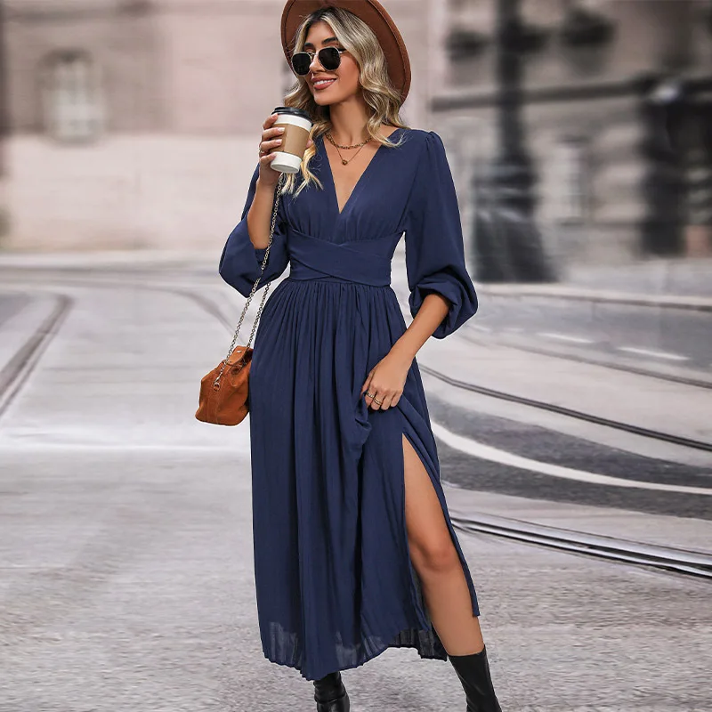 

Solid Women Dresses 2023 New French V-neck Full Loose Clothing Summer Empire Casual Split Sexy Dress A-LINE YCMYUNYAN