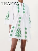 traf za vintage elegant green embroidered two button ladies dress long flying sleeves straight loose short womens dress new