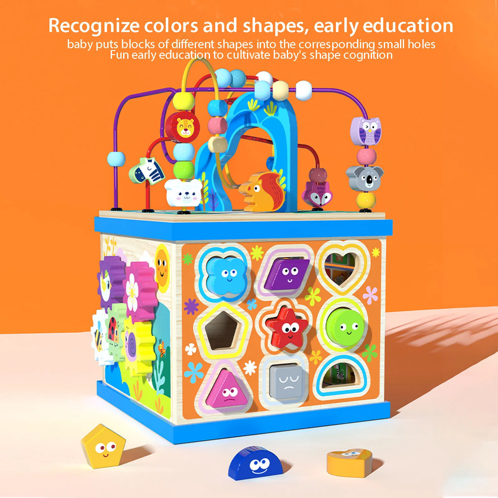 Montessori Educational Toy Wooden Multipurpose Activity Cube Center Toys for Baby Cognitive Color and Shape Funny Birthday Gift