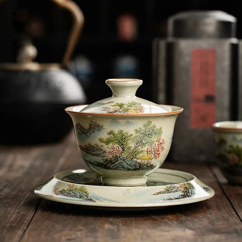 

Сине-белая чайная чашка Gaiwan, чайная чашка, керамическая чайная чашка в стиле ретро, большая чайная чаша, ландшафтный цветочный чайный сервиз...