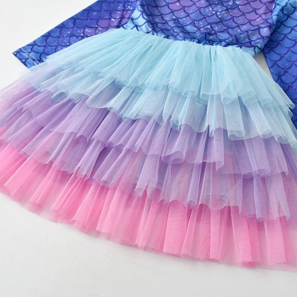 DXTON Autumn Long Sleevel Kids Dresses Mermaid Print Princess Tutu Dress Layer Mesh Tulle Vacation Outside Girls Clothing 3-8Ys