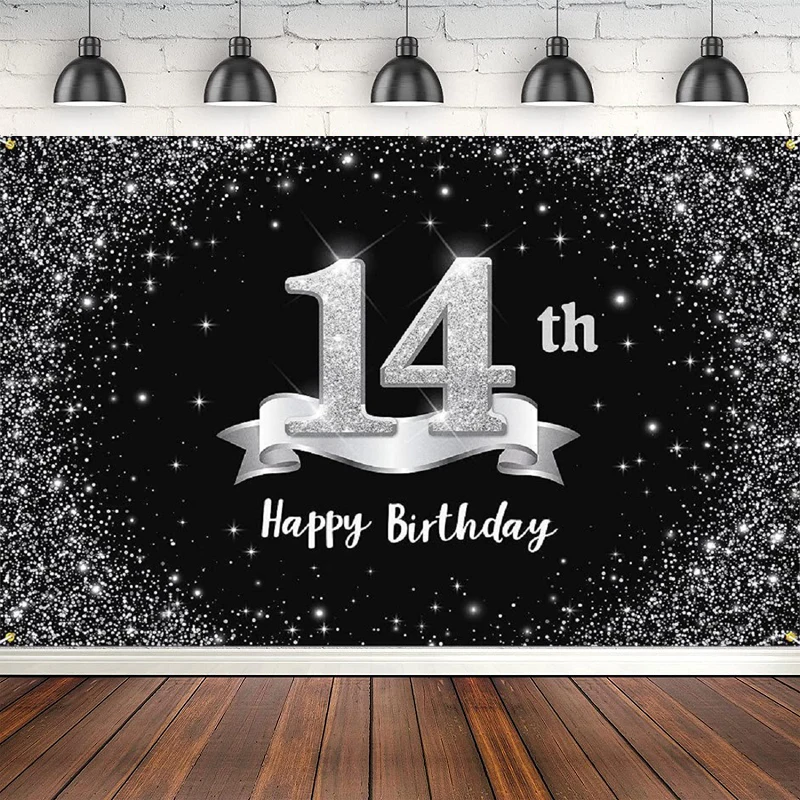 

Фон для фотосъемки 14 лет 14 день рождения Декор для вечерние фон поставки баннер для девочек мальчиков черный серебряный плакат