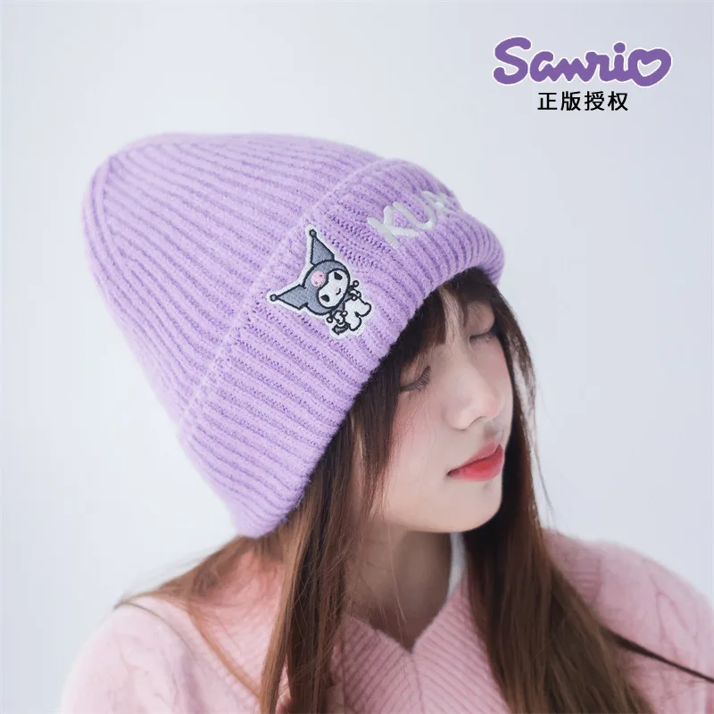 

Kawaii Sanrio Hello Kitty My Melody Kuromi Monochrome Knitted Hat Cartoon Anime Plus Velvet Hat To Keep Warm In Winter