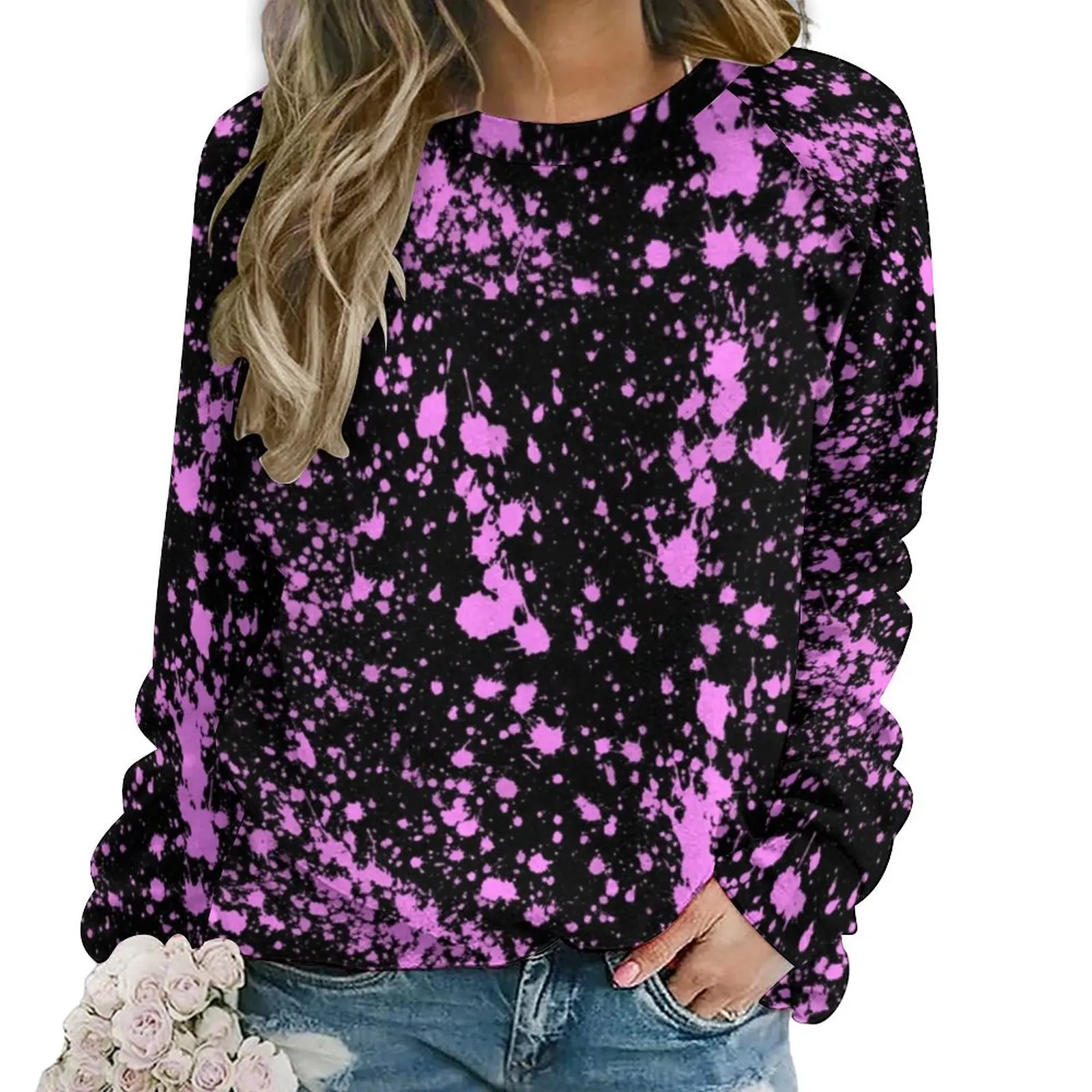 

Pink Paint Splatter Hoodies Womens Neno Print Hip Hop Casual Hoodie Winter Long Sleeve Kawaii Design Clothing Large Size 2XL 3XL