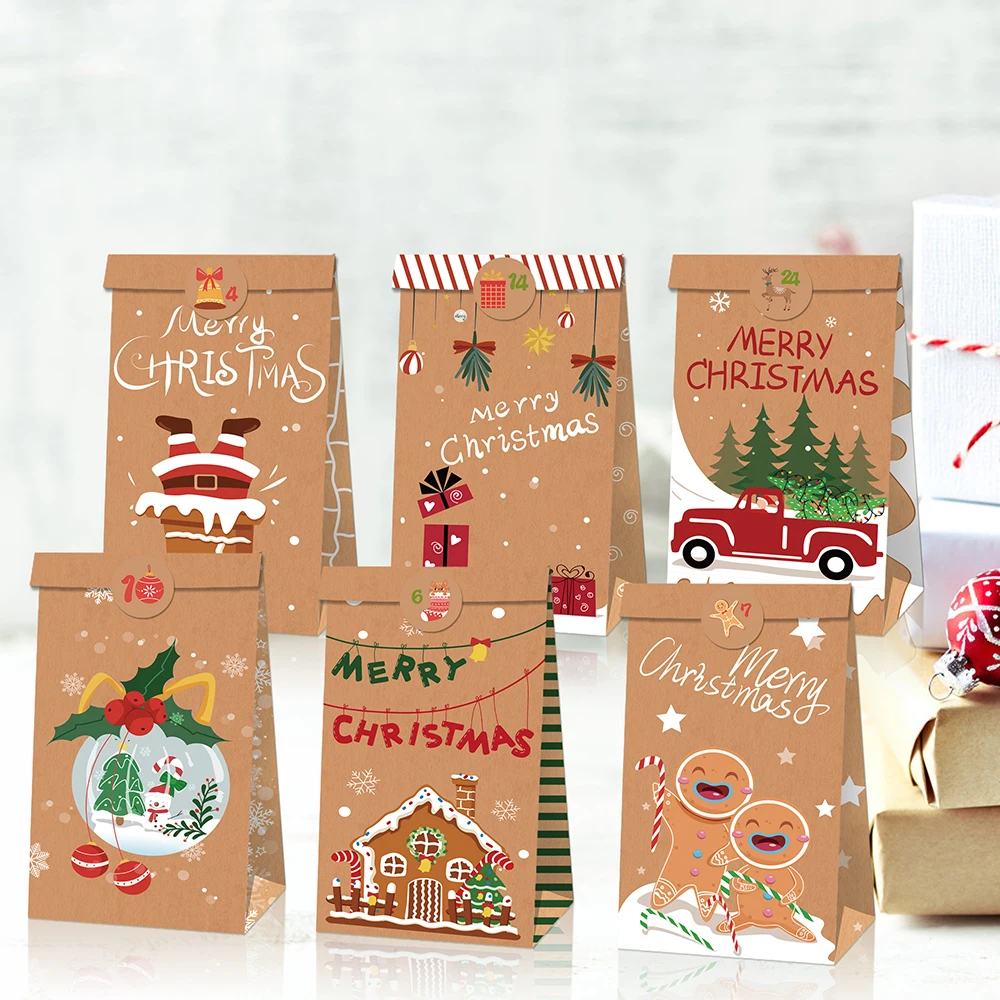 

LB126 12Pcs Santa Claus Xmas Tree Merry Christmas Party Candy Packing Kraft Paper Gift Bags New Year Party Decoration Favor Box