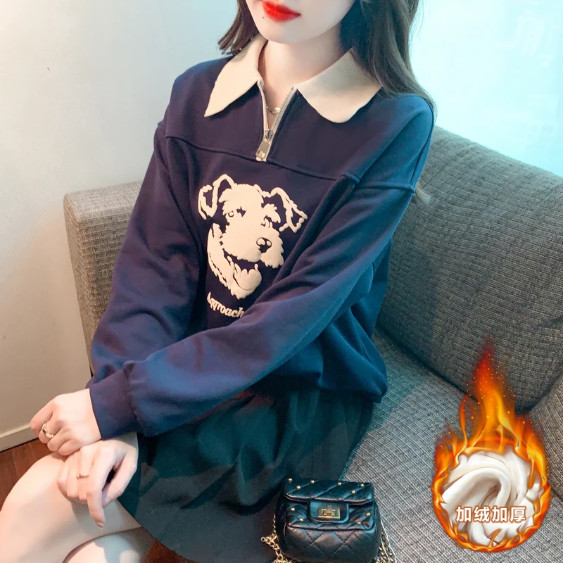 

Флисовый утепленный свитер поло с воротником-поло женская новая осенне-зимняя Свободная куртка с длинным рукавом