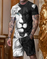 mens 2 piece sportswear black and white lion 3d printed t shirt suit street casual two piece mens oversized mens t shirt set