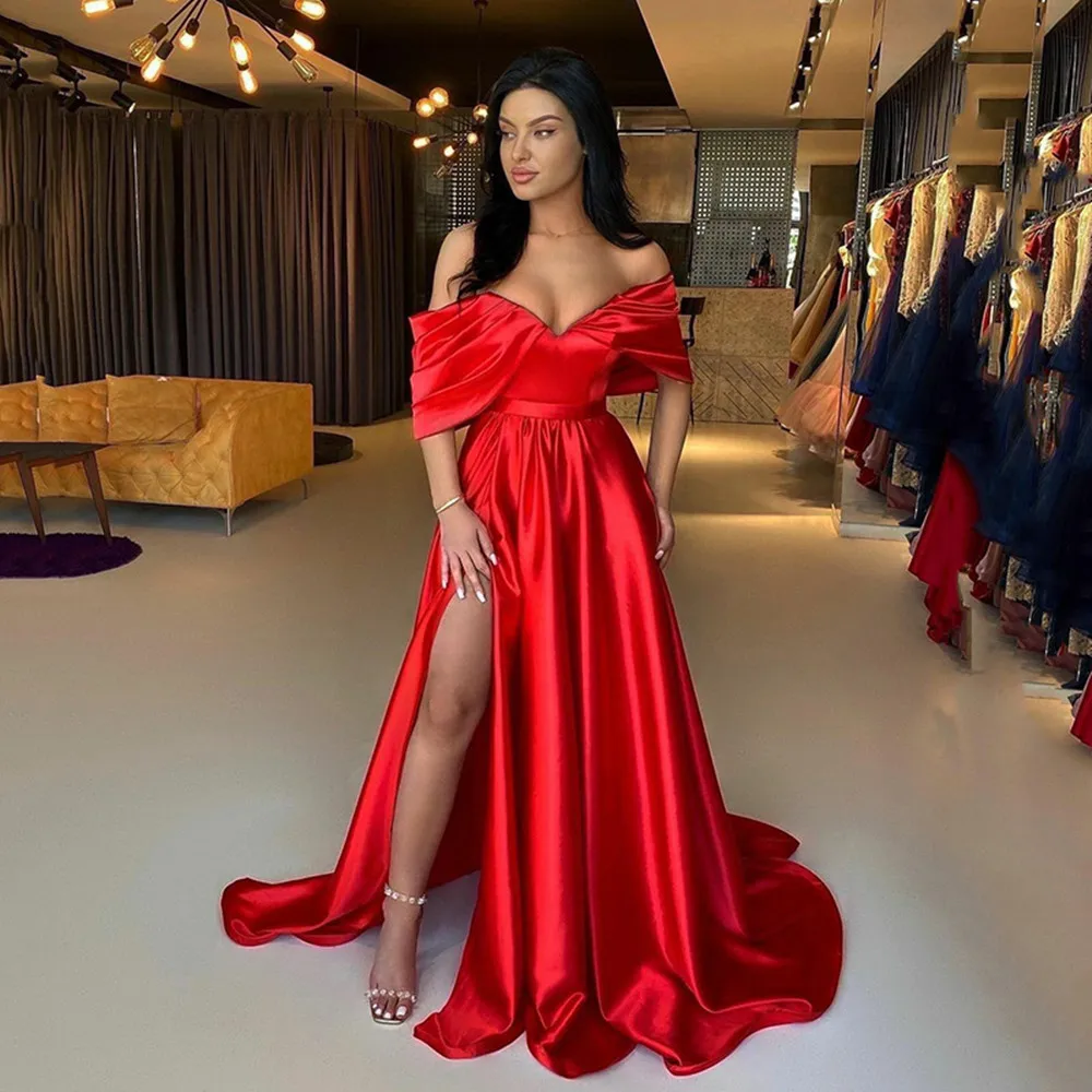 

Simple Red Satin Long Evening Dresses Side Slit Off The Shoulder Pleats Women Prom Gowns Formal Party Dress
