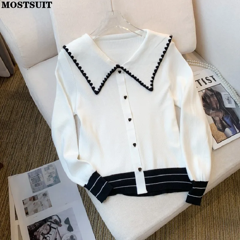 

2023 Autumn Stylish Korean Knit Sweater Pullover Women Long Sleeve Turn-down Collar Knitwear Casual Fashion Loose Jumpers Tops