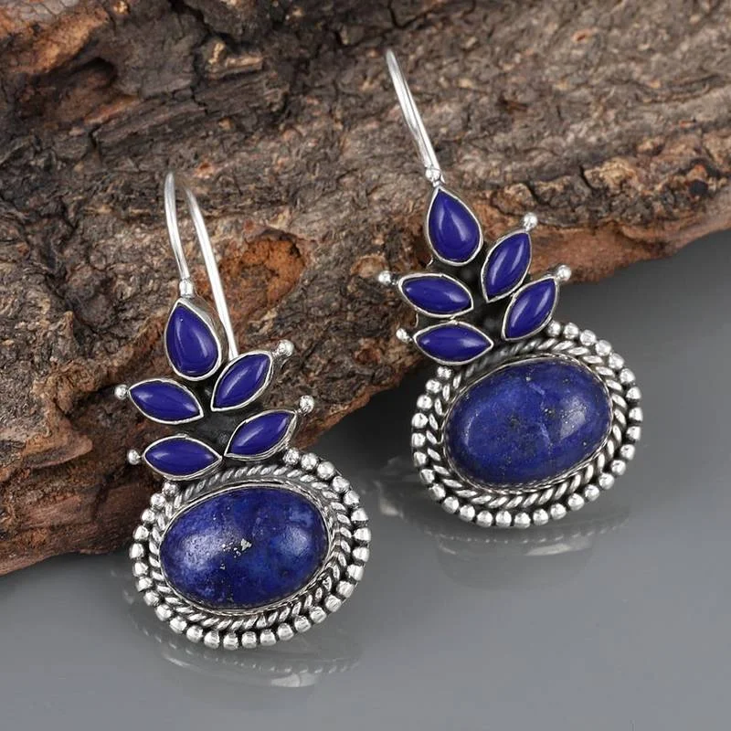 

Ethnic Round Lapis Lazuli Earring Vintage Jewelry Silver Color Carving Water Droplets Blue Stone Dangle Earrings for Women