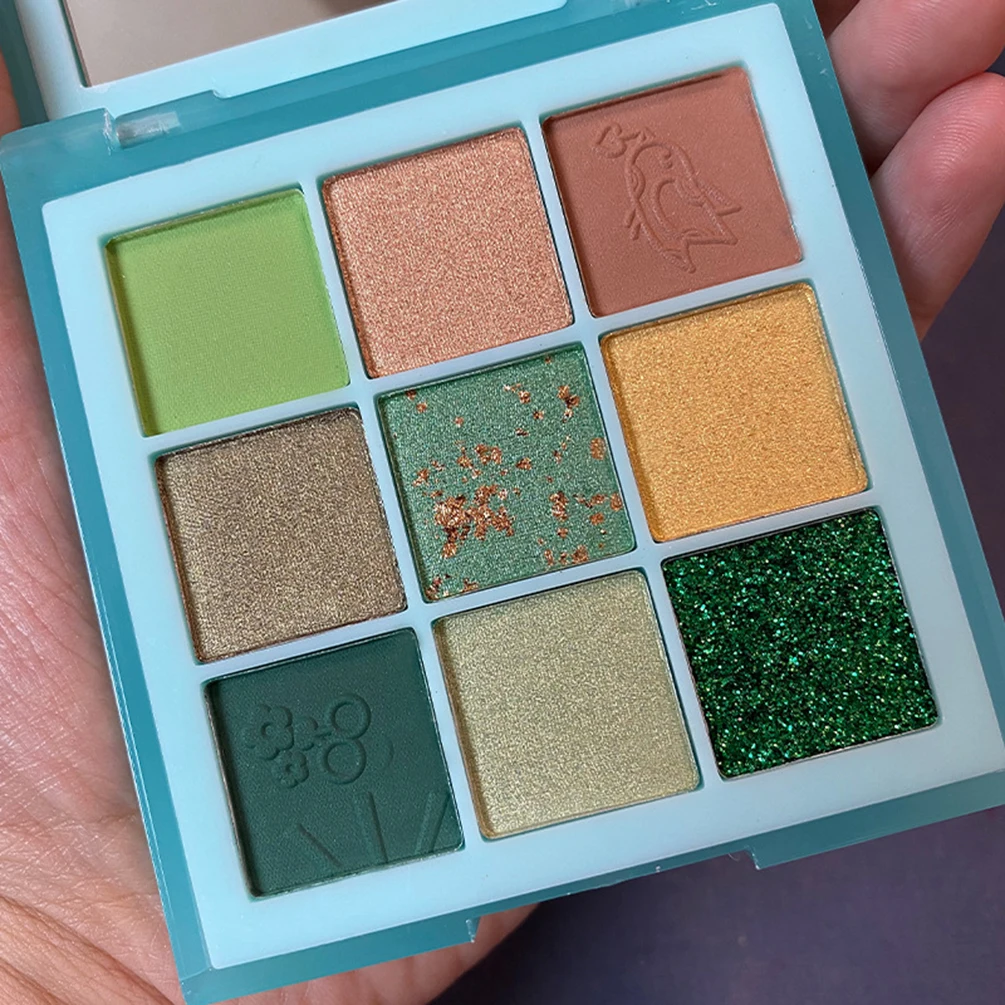 

9 Colors Square Spring and Summer Cool Eye Shadow Palette Private Label Stage Makeup Sequin Makeup Pearly Matte Green Eye Shadow