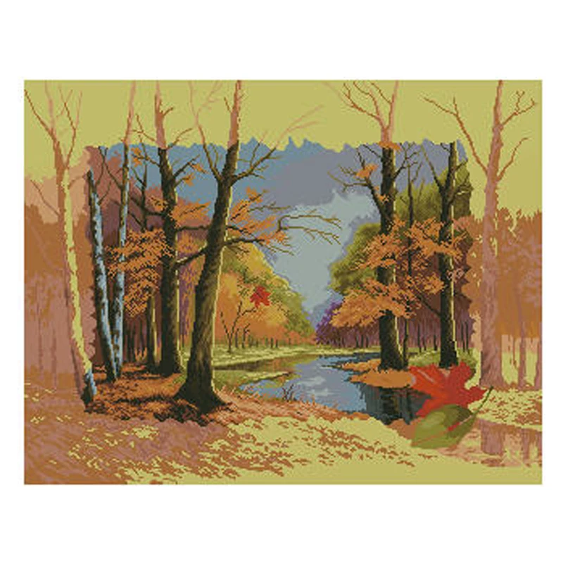 

Amishop, высококачественный Популярный Набор для вышивки крестиком, кленовое дерево, Красные Деревья, лес, река, береза