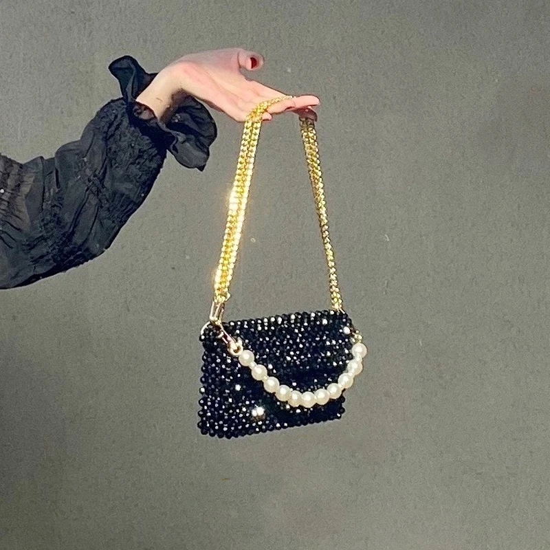 

Fashion Black Gold Beaded Bag Ladies Women Shoulder Crossbody High Quality Small Square Handbag Evening Party Shopping Phone Bag