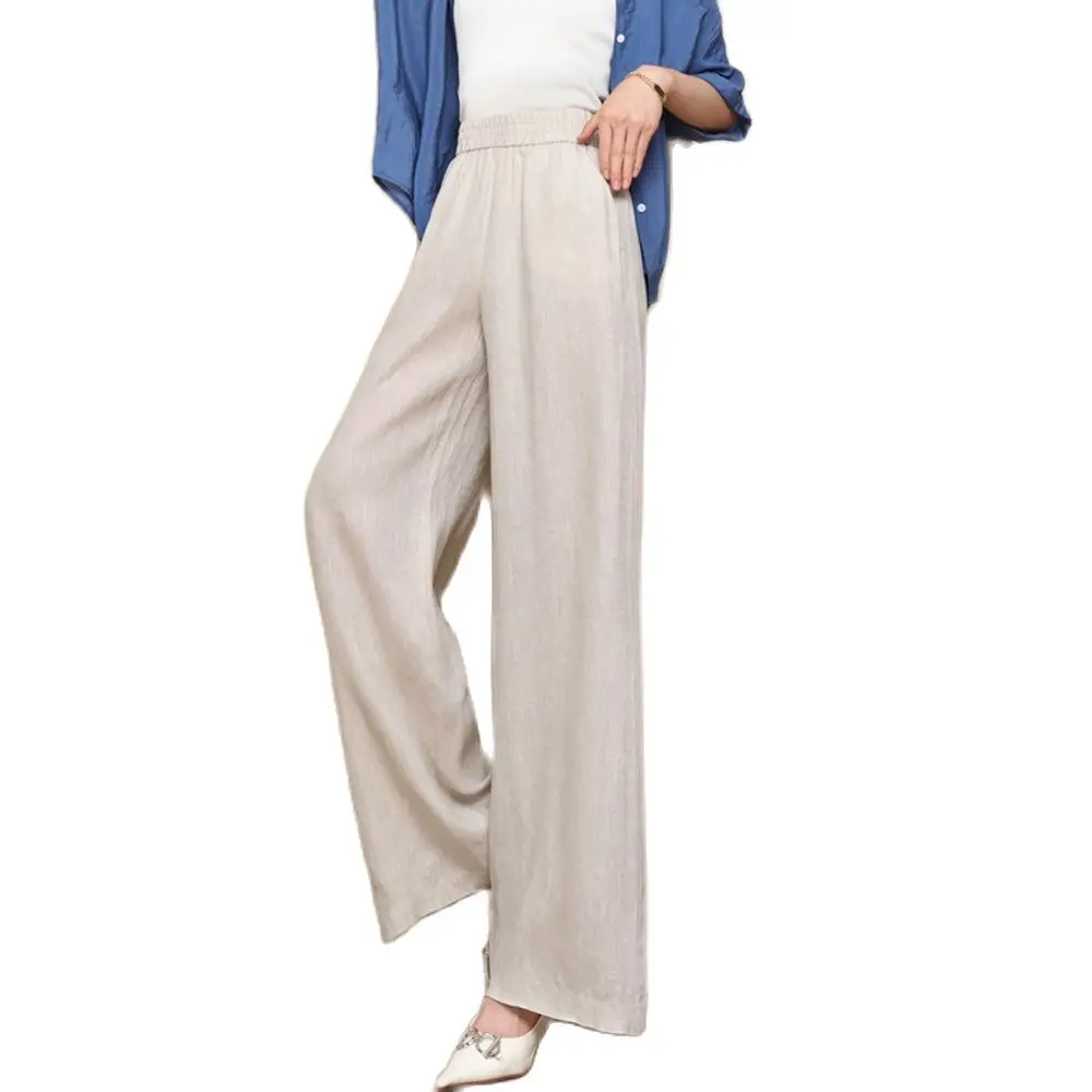 

2022 Women Summer Linen High Waist Wide Leg Trousers Elastic Band Breathable Comfortable Thin Straight Leg Loose Pants