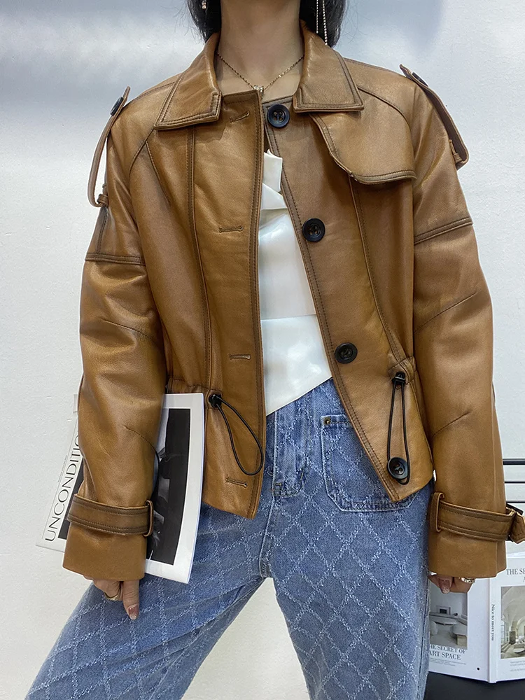 

Женское короткое кожаное пальто Haining из овечьей кожи в европейском и американском стиле ретро для отдыха Новинка