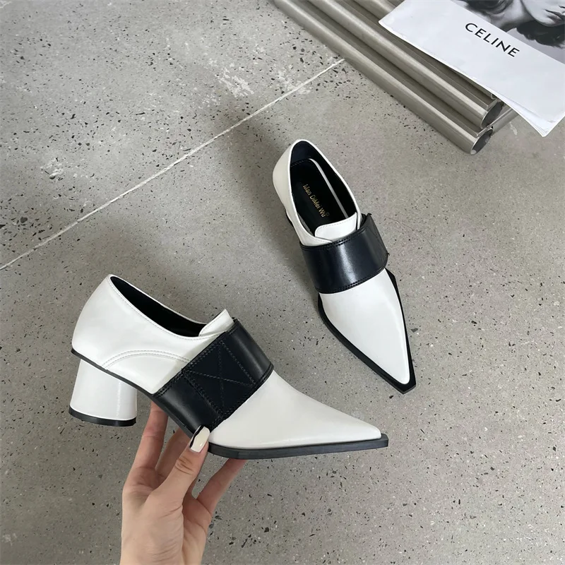 European Mixed Color Pointed Toe Pumps Woman Talons Hauts Patchwork Shallow Mary Jane Round High Heels Shoes Women 2022 Pumps