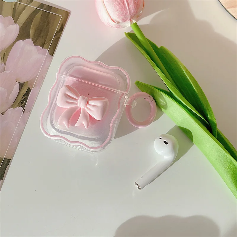 

Korea Cute 3D Candy Color Bow Gradient Clear Earphone Case For Airpods 1 2 Pro Wavy Border Protective Soft Cover For Airpods 3