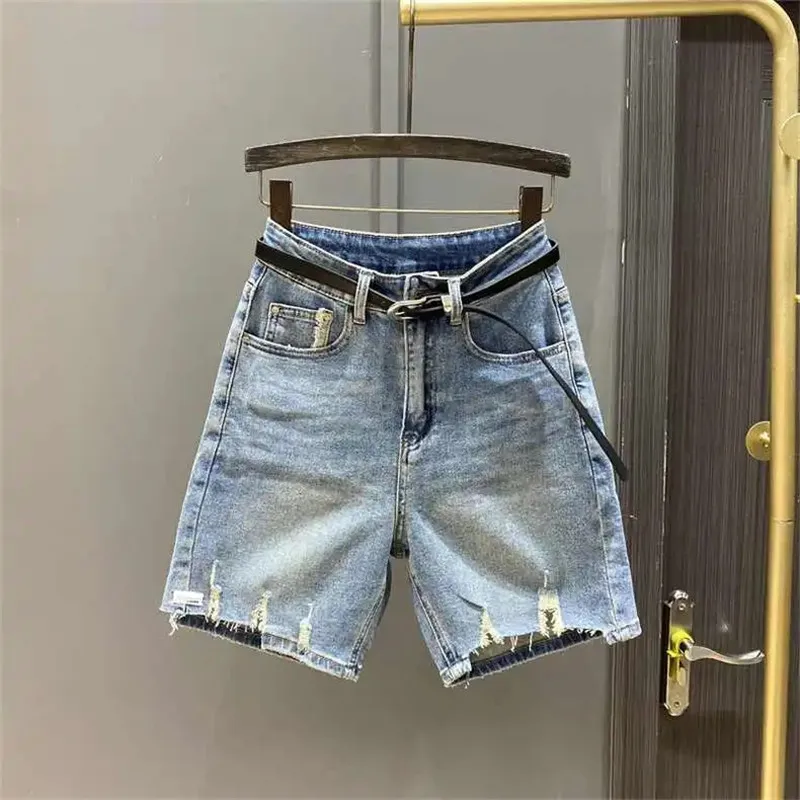 

Streetwear Fashion Women's Cotton Jeans High Waist Loose Hole Straight Wide Leg Blue Denim Half Length Pants Femme Summer New