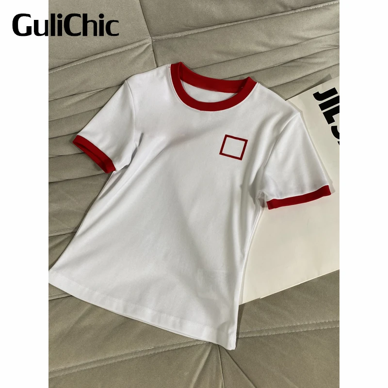 

2.10 GuliChic Women Fashion Contrast Color Round Neck Letter Short Sleeve Slim T-Shirt