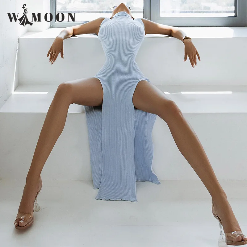 

Knitted Sleeveless Side Slit Slim French Design Long Dress for Women 2022 Autumn New Solid O-Neck Streetwear Ankle-Length Dress