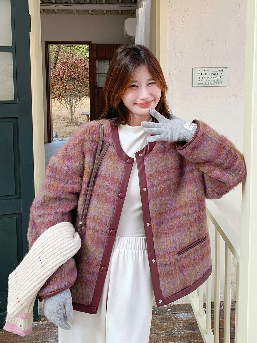 Small Wool coat Women Winter 2024 New Design Sense Korean Series Leather Patchwork Quilted Woolen Outerwear |