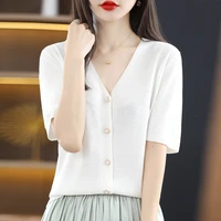 summer womens thin v neck fashion pearl button linen ice silk knitted short sleeved cardigan basic large size loose casual top