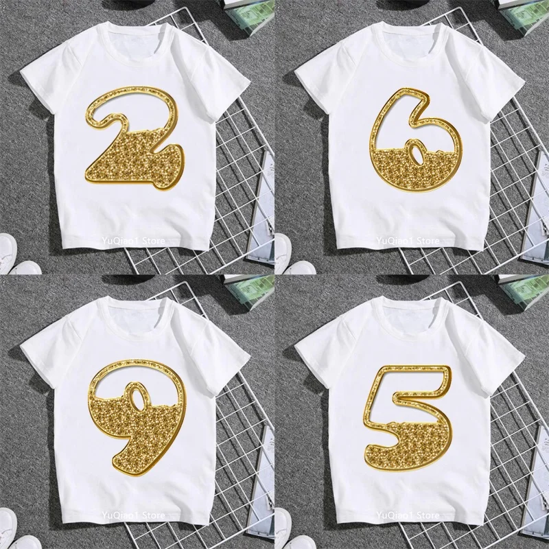 Golden Luxury Stereo Number 2-9 Printed Graphic Tees Children's Lovely Clothes Kids Girls T-shirts Birthday Gift T Shirt White