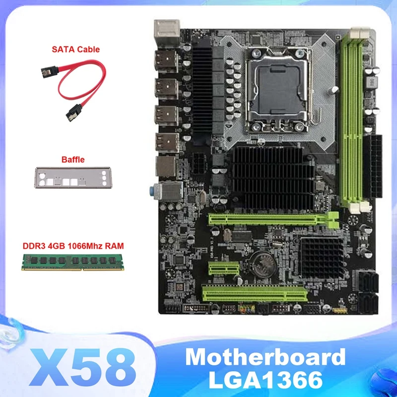 

Материнская плата X58 LGA1366, компьютерная материнская плата с поддержкой процессора XEON X5650 X5670 серии с DDR3 8 Гб 1066 МГц ОЗУ + кабель SATA