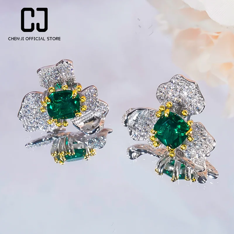 

CHENJI S925 Silver Classic Vintage Court Ruby Emerald Studs Earrings Female Temperament Luxury Jewelry Brand Earrings for Women