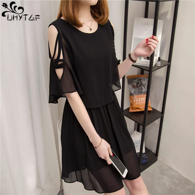 

UHYTGF Chiffon Dress Women Summer Large Size Korean Short Sleeve High Waist Off-Shoulder Elastic Waist Large Swing Ladies Skirt